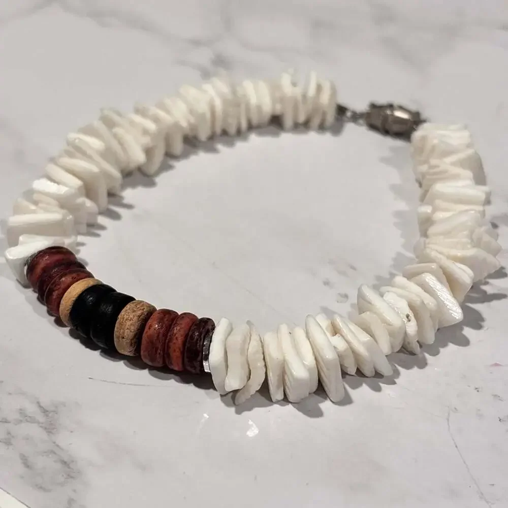 Handmade White Puka Shell Chip and Wood Bead Surfer Bracelet
